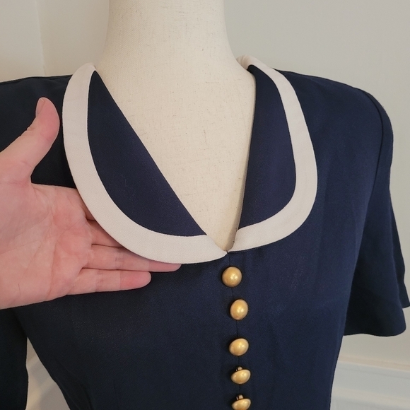 VINTAGE 80s Navy Button Down Collar  Secretary Nautical Dress Size 8 - Picture 4 of 11
